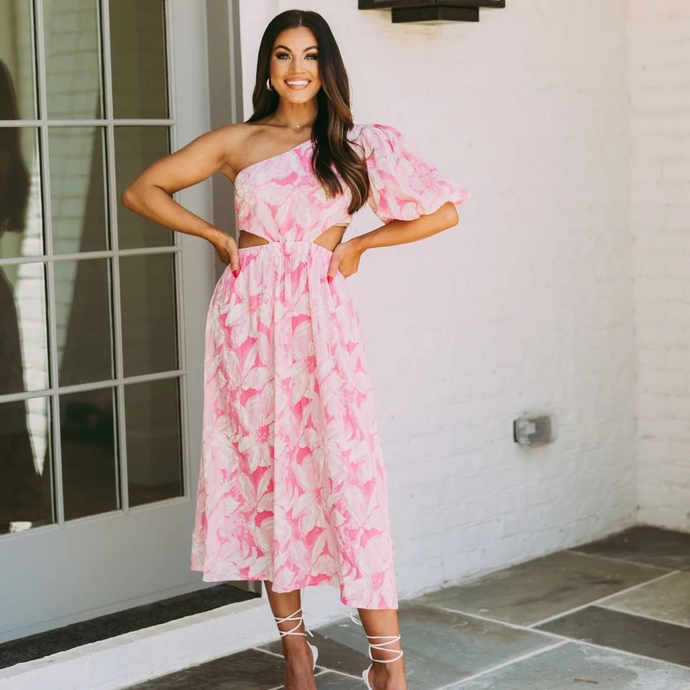 One shoulder midi dress- Pink floral